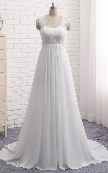Elegant A-line Empire Queen Anne Lace Chiffon Bridal Gown With Key Hole And Lace-up