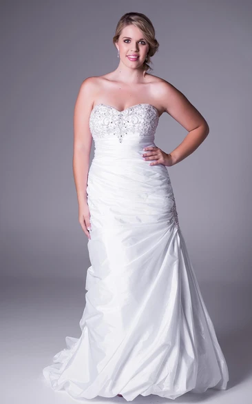 Sweetheart Satin side-draped plus size Gown With Beading And Sweep Train
