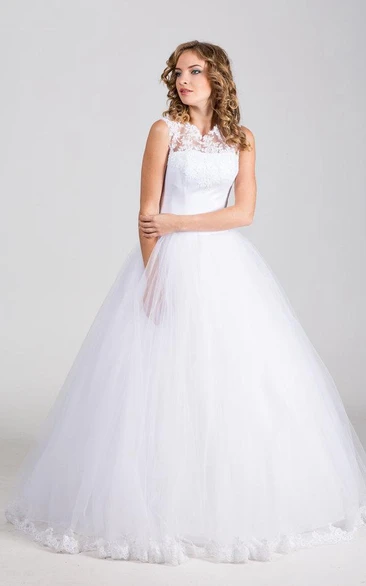 Satin Bow Ribbon Lace Embellishment Tulle High-Neckline Ball Gown
