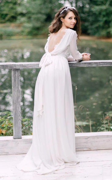 Long Sleeve Scoop-neck Deep-v Neck Sweep Train Empire Wedding Dress with Back Bow