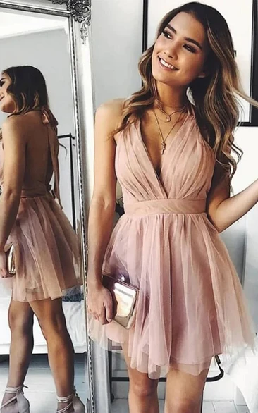 Simple Criss-cross Ruched Tulle A-line Party Blush Prom Dress
