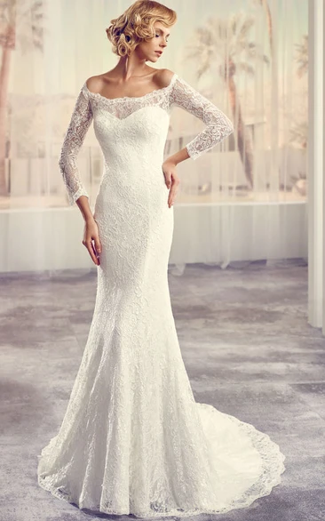 Off-the-shoulder Lace Long Sleeve Wedding Dress With Illusion And Court Train