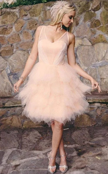 Sleeveless Tulle Empire A-line Layered Knee-length Short Blush Wedding Dress