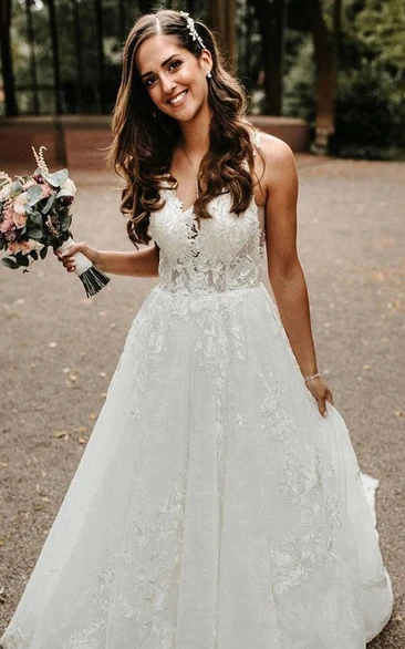 Low-v Back Sleeveless Lace A-line Empire Outdoor Wedding Dress