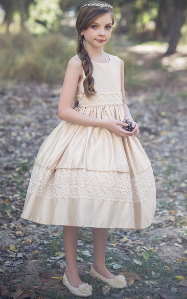 Sequined Lace Layered 3-4-Length Tulle Flower Girl Dress