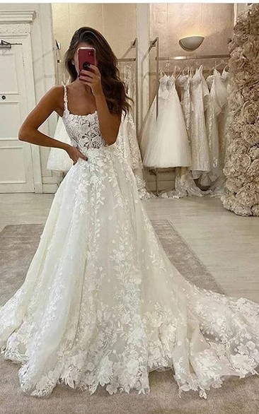 Lace Sleeveless Spaghetti Empire A-line Ball Gown Wedding Dress