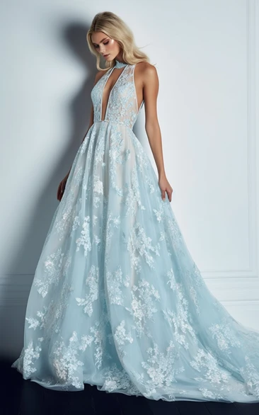 Sky Blue High-neck Sleeveless Sexy A-line Ball Gown Tulle Prom Dress with Applique