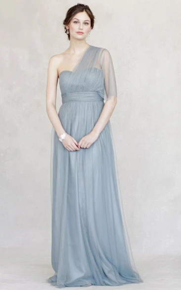One-shoulder Tulle Empire Floor-length Bridesmaid Dress With Pleats