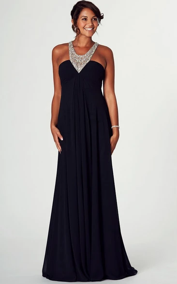 jeweled V-neck Ruched Jersey long Prom Dress With Beading