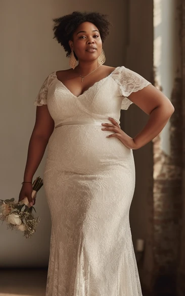 V-neck Short-sleeve Plus Size Lace Mermaid Wedding Dress
