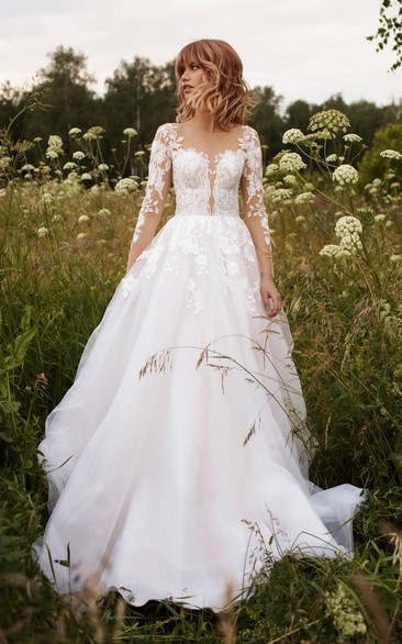 Adorable Illusion Sleeve Tulle Wedding Dress With Lace Details And Illusion Button Back