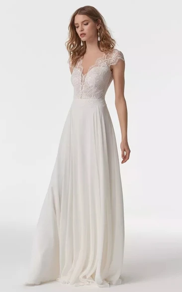 Simple A Line Chiffon Floor-length Cap Wedding Dress with Lace