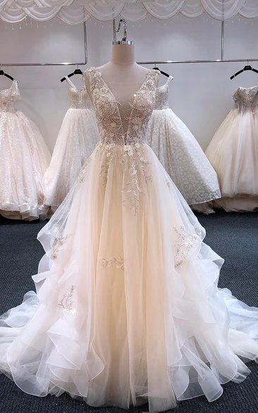 Luxury V-neck Sleeveless Beaded Illusion A-line Tulle Ruffled Wedding Dress