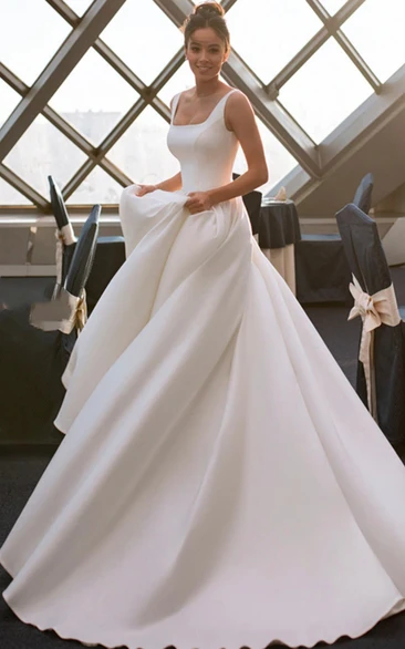 Satin Ball Gown A-line Solid Wedding Dress with Low-v Back