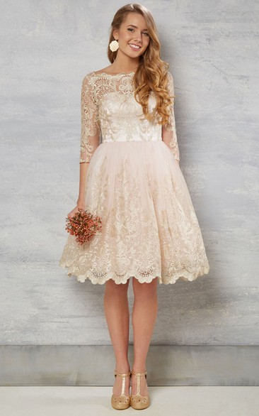 A Line Bateau 3/4 Length Sleeves Knee-length Lace Wedding Dress with Illusion and Appliques