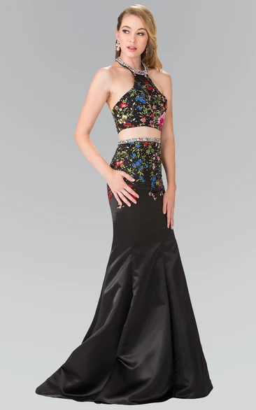 2-Piece Embroidery Jeweled Column Scoop-Neck Satin Sleeveless Backless Dress