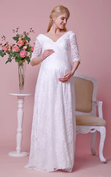 Deep-V-Neckline 3 4 Sleeves Lace Allover Gown