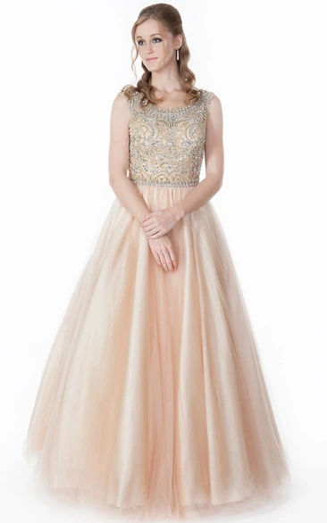 Scoop-neck Sleeveless A-line Tulle Prom Dress With Beaded top