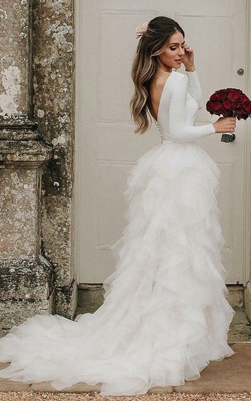 Long Sleeve A-line Ruffled Tiered Elegant Wedding Dress with Court Train