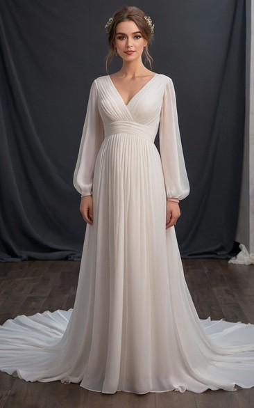 V-neck Ruched Long Sleeve Pleated Wedding Dress with Court Train