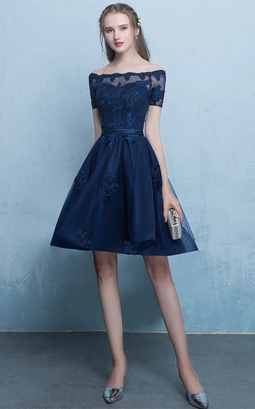 Off-the-shoulder Satin Lace Knee-length Formal Dress With Appliques