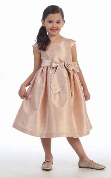 Tiered Cap-Sleeve 3-4-Length Taffeta Flower Girl Dress