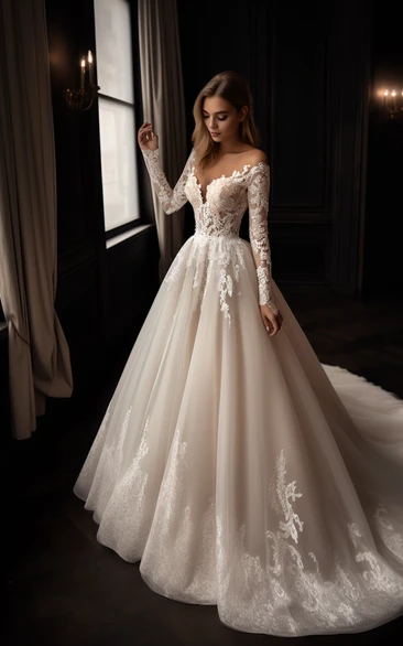 Lace Long Sleeve A-line Ball Gown Elegant Wedding Dress with Court Train