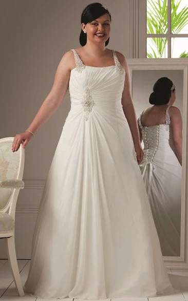 A-line Straps Sleeveless Floor-length Chiffon Wedding Dress with Corset Back and Beading
