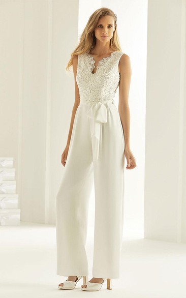 New Arrival Ankle Length Sleeveless Lace Top V Neck Jumpsuit with Belt