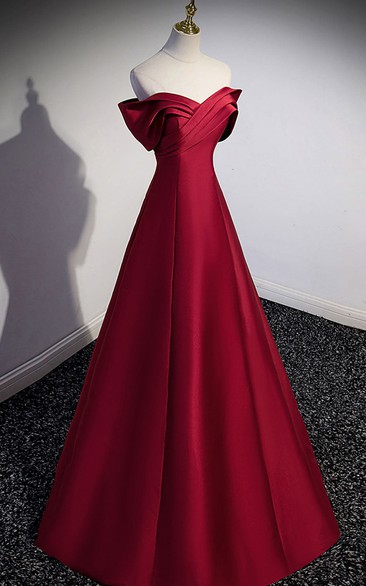 Red Empire Long Satin Formal Dress with Ruching and Corset