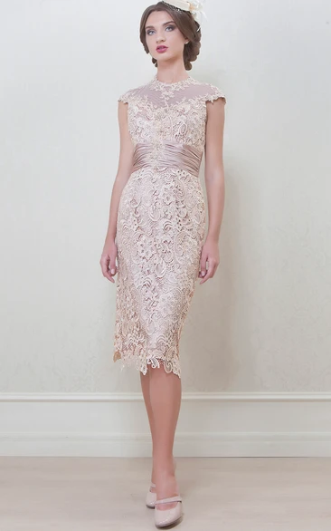 High Neck Cap-sleeve Pencil Lace Dress With Ruched waist And Keyhole