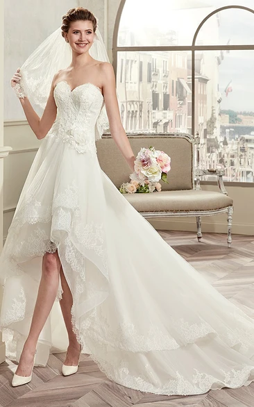 Sweetheart High-low Tiered Lace Wedding Dress With Chapel Train