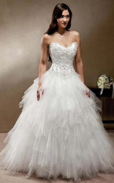Ball Gown Sweetheart Sleeveless Floor-length Tulle Wedding Dress with Lace-up and Cascading Ruffles