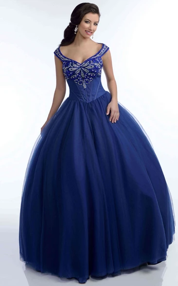 Tulle Crystal Detailed Top V-Neck Ball Gown
