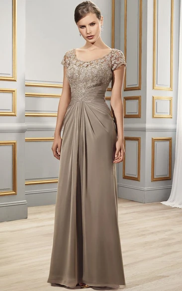 Short Sleeve Floor-length Appliques Dress With central draping