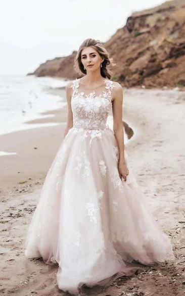 Blush A-line Tulle Lace Applique Beach Destination Wedding Dress