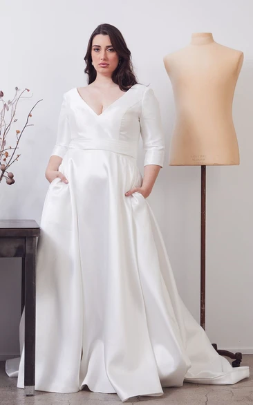 Plus Size Elegant Satin V-neck A Line Wedding Dress with Pockets