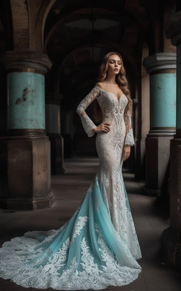 Off-the-shoulder Mermaid Two-Tone Long Sleeve Lace Applique Wedding Dress