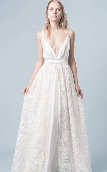Simple A Line Floor-length Plunging Neckline Wedding Dress With Ruching