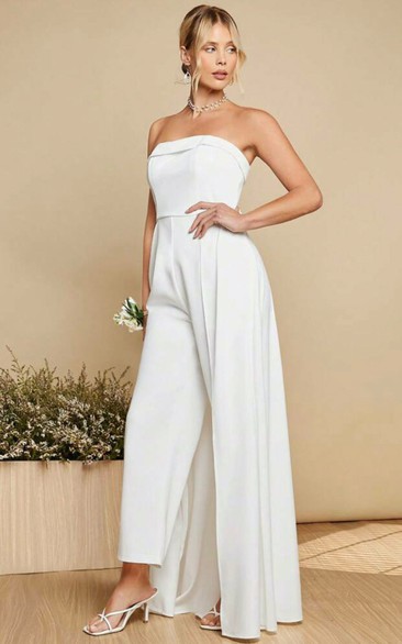 Casual Sleeveless Straight Across Empire Waist Wedding Jumpsuit with Over Skirt