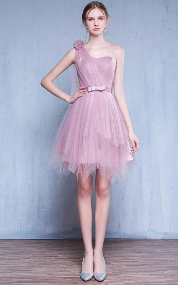 One-shoulder Tulle Sleeveless short A-line Dress With Pleats And Flower