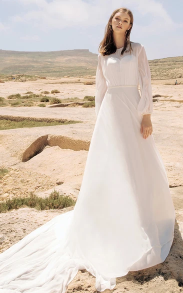 Elegant A Line Chiffon Floor-length Poet Wedding Dress with Ruching