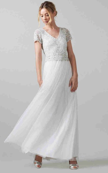 Sheath V-neck Short Sleeve Floor-length Chiffon Wedding Dress with Keyhole and Sequins