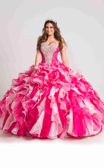 Lace-Up Cascading Ruffled Back Sweetheart Strapless Ball Gown