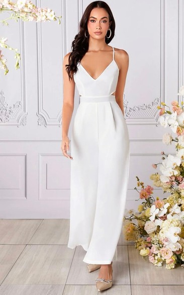 Spaghetti Straps Empire Chiffon Wide Leg Bridal Pantsuit with Tied Back