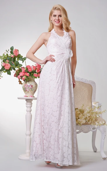 Haltered Lace Sheath Dress With Flower And side Draping