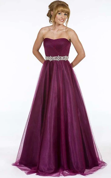 A-line Strapless Sleeveless Floor-length Tulle Evening Dress with Lace-up and Waist Jewellery