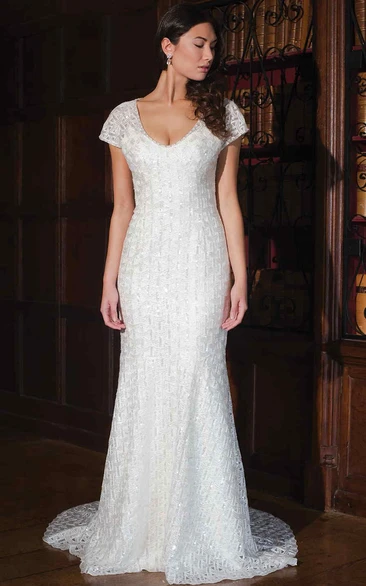 Sheath V-neck Short Sleeve Floor-length Lace Wedding Dress with Keyhole