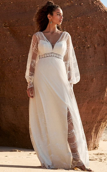 Boho V-neck Tulle Illussion Long Sleeve Wedding Dress with Front Split and Low-v Back