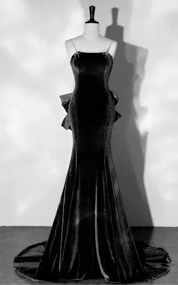 Elegant Mermaid Empire Waist Strap Velvet Dress with Bow